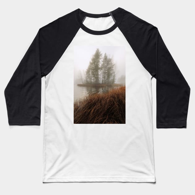 Foggy lake and small island Baseball T-Shirt by Juhku